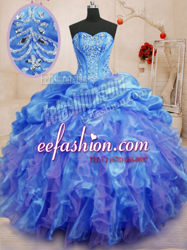  Blue Ball Gowns Beading and Ruffles Quince Ball Gowns Lace Up Organza Sleeveless Floor Length