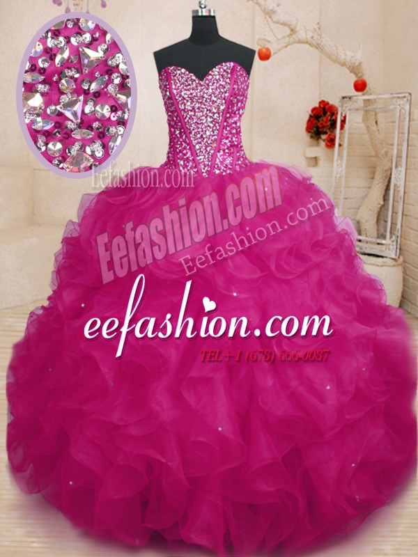 Great Fuchsia 15th Birthday Dress Military Ball and Sweet 16 and Quinceanera and For with Beading and Ruffles Sweetheart Sleeveless Lace Up