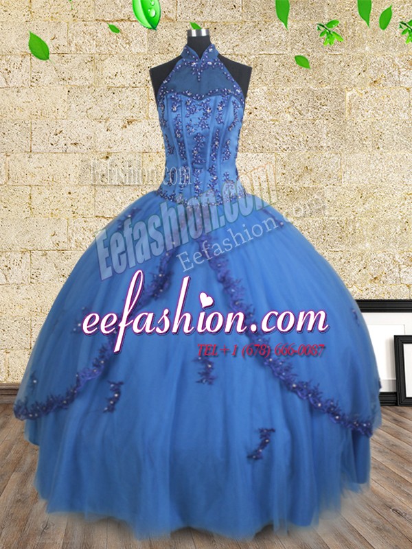 Best Halter Top Blue Sleeveless Floor Length Beading Lace Up 15 Quinceanera Dress