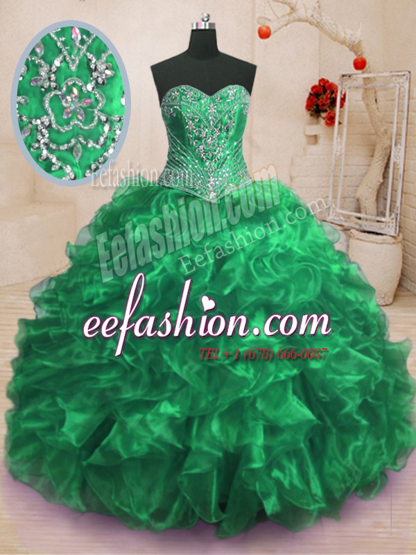  Sweetheart Sleeveless Quince Ball Gowns With Train Sweep Train Beading and Ruffles Green Organza