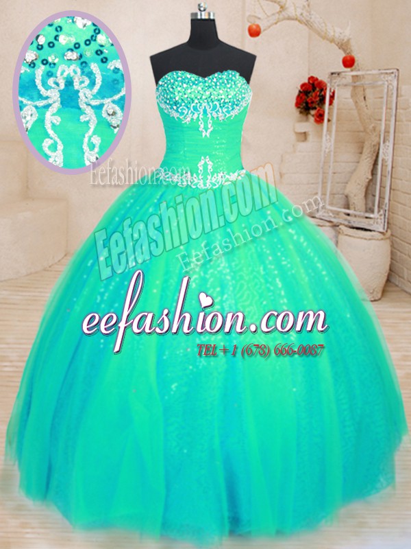 Cheap Turquoise Ball Gowns Tulle and Sequined Sweetheart Sleeveless Beading and Appliques Floor Length Lace Up Quinceanera Dress