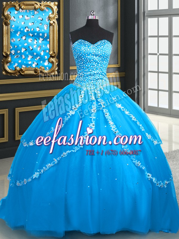 Popular Aqua Blue Tulle Lace Up Sweetheart Sleeveless With Train 15th Birthday Dress Brush Train Beading and Appliques