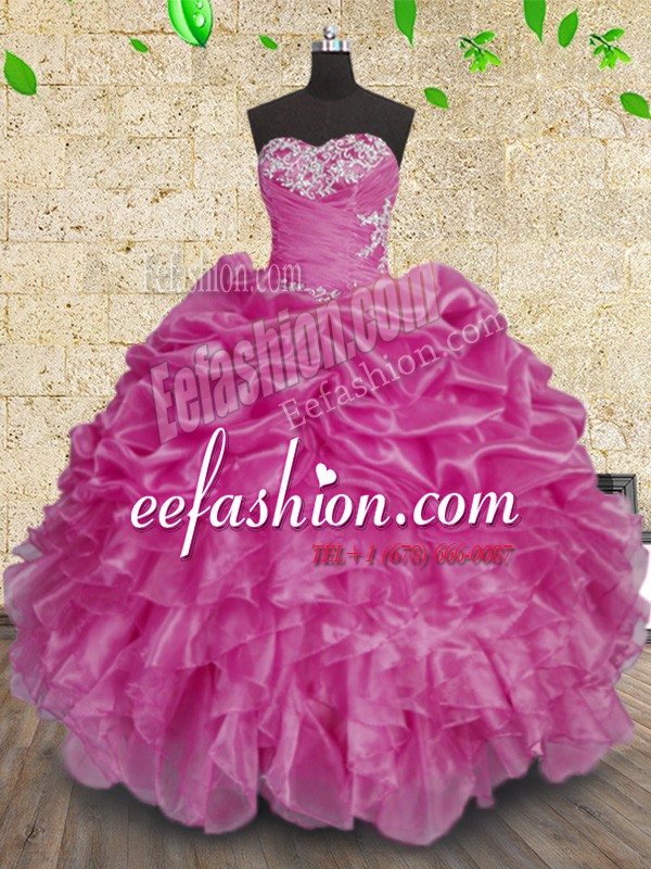 Beauteous Fuchsia Sweetheart Lace Up Beading and Appliques and Ruffles and Ruching Vestidos de Quinceanera Sleeveless