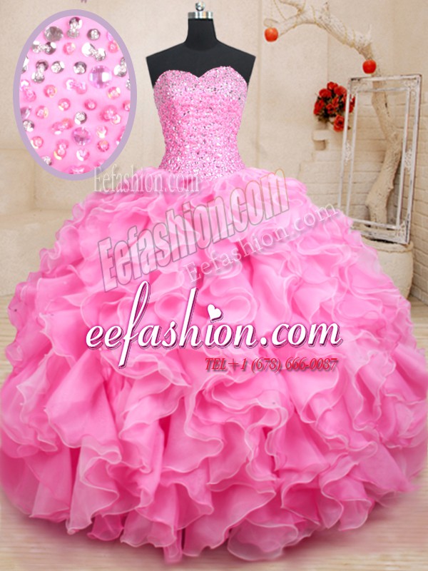 Fine Rose Pink Sleeveless Organza Lace Up Sweet 16 Dresses for Military Ball and Sweet 16 and Quinceanera