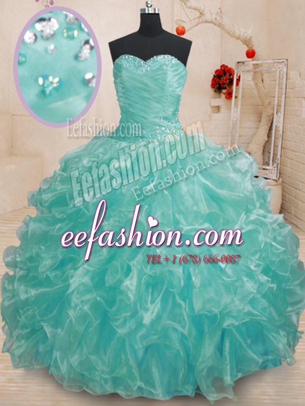 Affordable Teal Ball Gowns Beading and Ruffles Sweet 16 Dresses Lace Up Organza Sleeveless Floor Length
