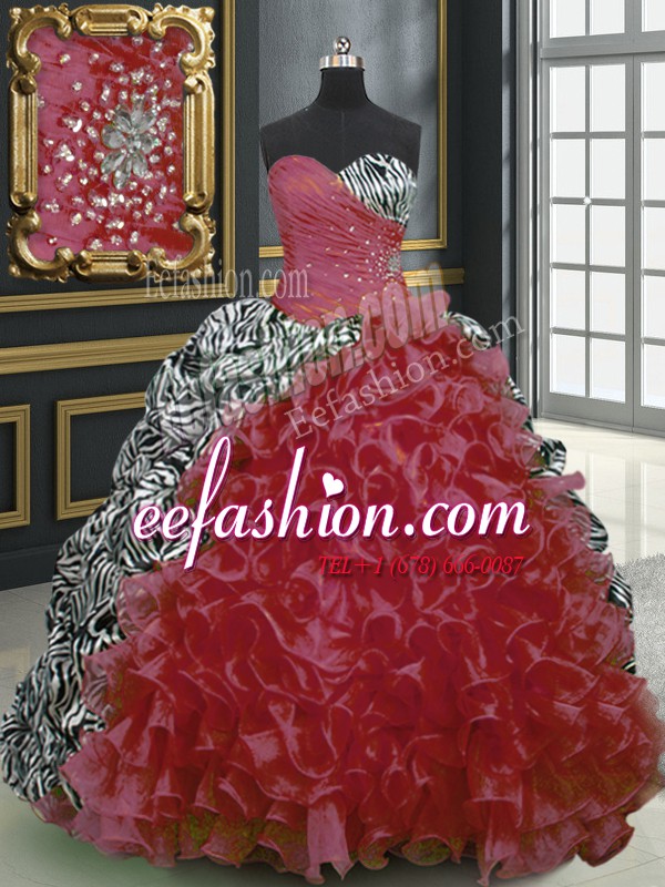 Amazing Printed Beading and Ruffles and Pattern Sweet 16 Dresses Wine Red Lace Up Sleeveless With Brush Train