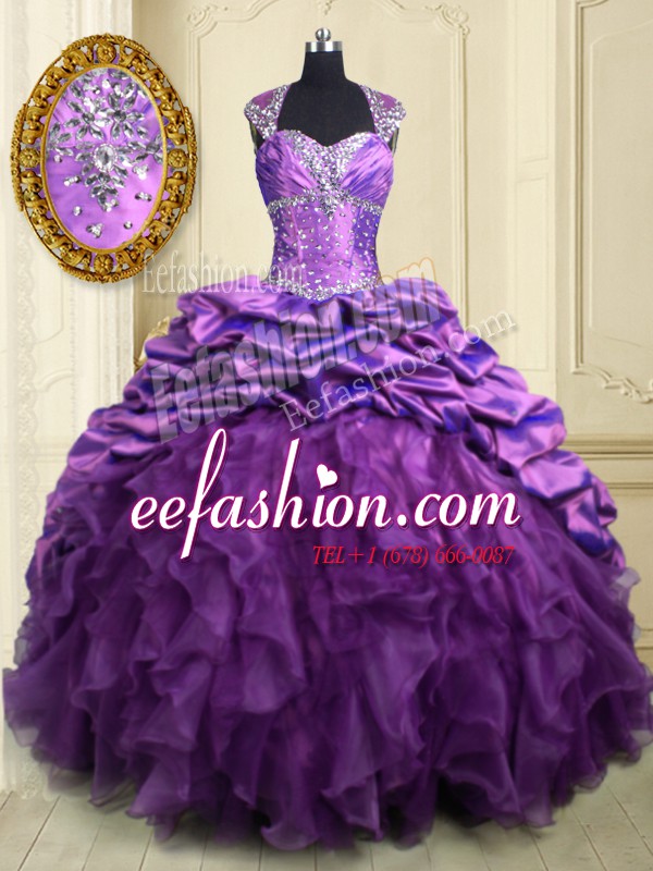  Pick Ups Sweetheart Cap Sleeves Brush Train Lace Up Sweet 16 Quinceanera Dress Purple Organza and Taffeta