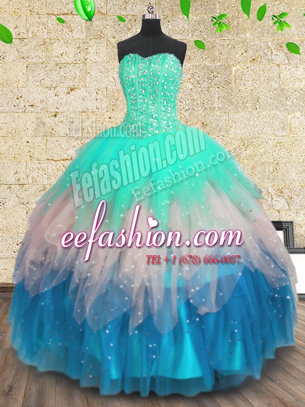 Cheap Sweetheart Sleeveless Sweet 16 Dress Floor Length Beading and Sequins Multi-color Tulle