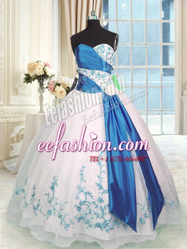  Floor Length Lace Up 15 Quinceanera Dress Blue And White for Military Ball and Sweet 16 and Quinceanera with Embroidery and Sashes ribbons