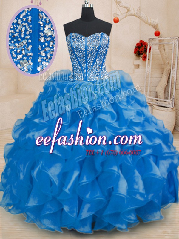  Royal Blue Lace Up Sweetheart Beading and Ruffles Ball Gown Prom Dress Organza Sleeveless