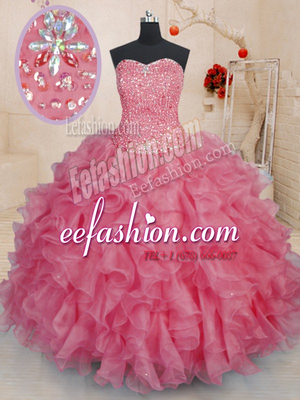 Charming Organza Sweetheart Sleeveless Lace Up Beading and Ruffles Quinceanera Dresses in Pink