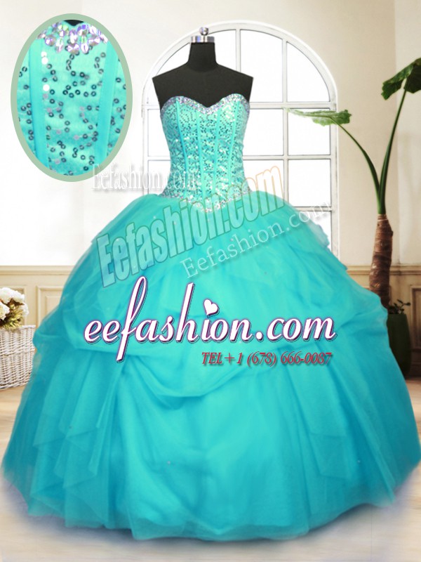Vintage Aqua Blue Quinceanera Gowns Military Ball and Sweet 16 and Quinceanera and For with Sequins and Pick Ups Sweetheart Sleeveless Lace Up