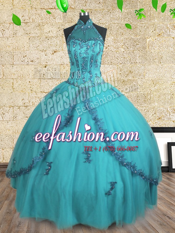 Teal Ball Gowns Halter Top Sleeveless Tulle Floor Length Lace Up Beading Quinceanera Dress