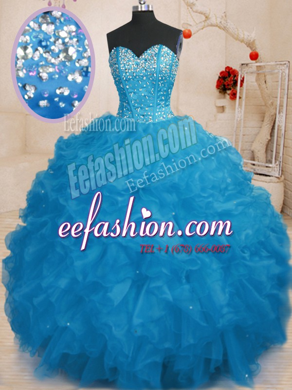  Sweetheart Sleeveless Quinceanera Gowns Floor Length Beading and Ruffles Blue Organza