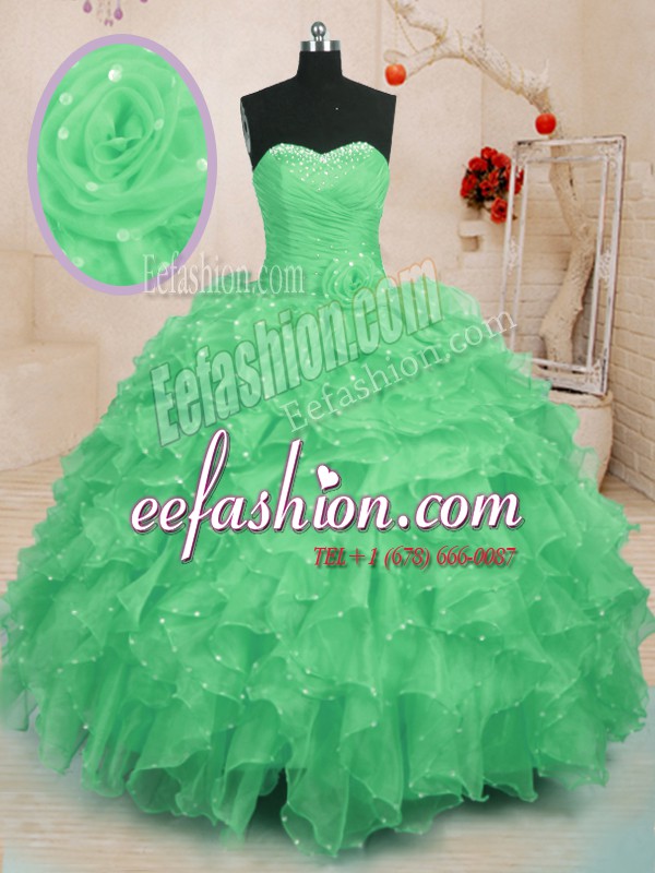  Green Ball Gowns Sweetheart Sleeveless Organza Floor Length Lace Up Beading and Ruffles and Hand Made Flower Quinceanera Gowns