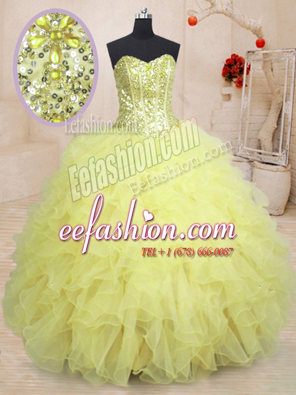 Delicate Light Yellow Sleeveless Beading and Ruffles Floor Length Ball Gown Prom Dress