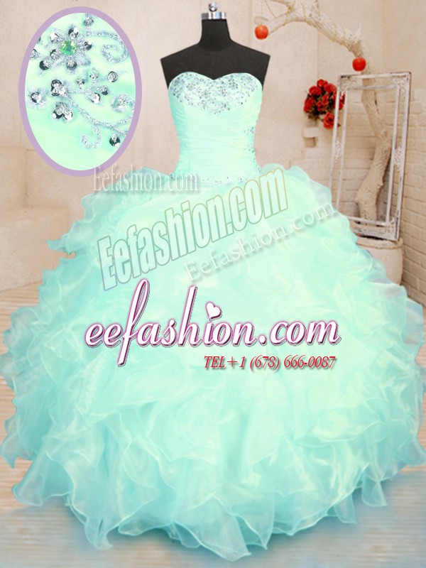 Delicate Sweetheart Sleeveless Sweet 16 Dresses Floor Length Beading and Ruffles Turquoise and Apple Green Organza