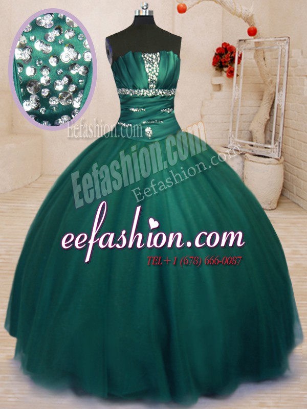 Sexy Sleeveless Floor Length Beading Lace Up Quinceanera Dresses with Dark Green