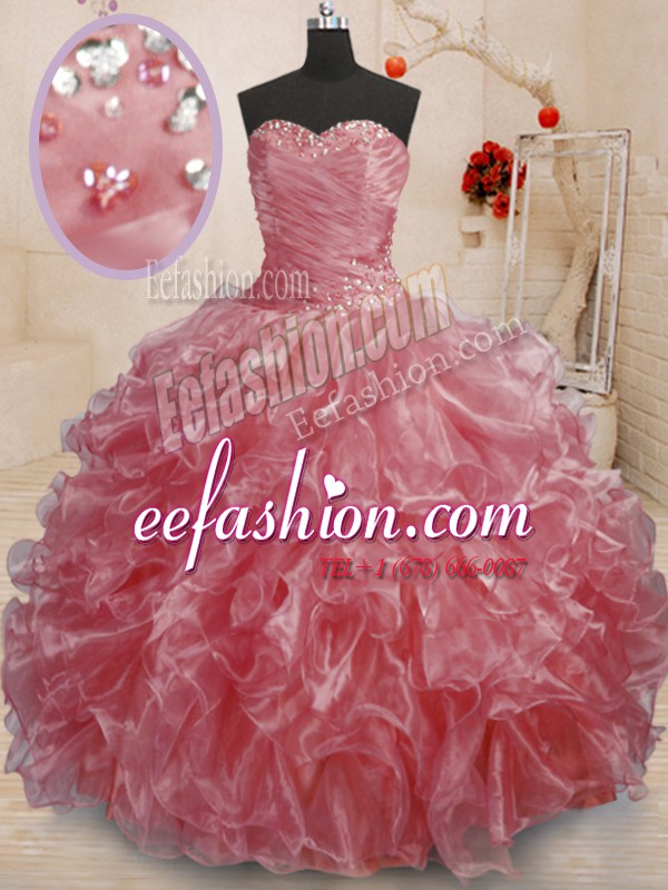 Elegant Watermelon Red Ball Gowns Organza Sweetheart Sleeveless Beading and Ruffles Floor Length Lace Up Sweet 16 Dresses