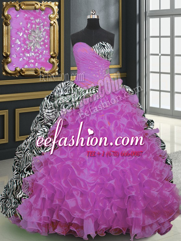 Fancy Printed With Train Lace Up Sweet 16 Dress Fuchsia for Military Ball and Sweet 16 and Quinceanera with Beading and Ruffles and Pattern Brush Train
