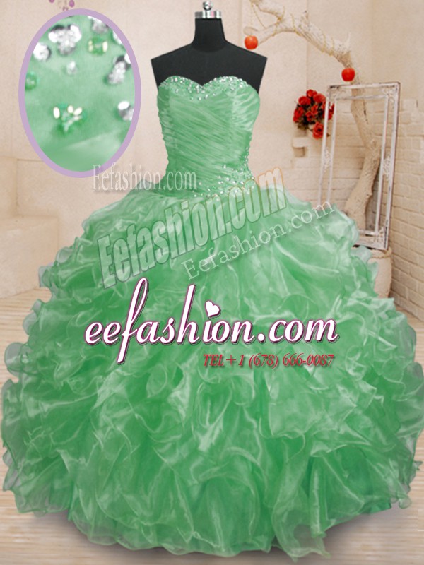 Fabulous Green Sleeveless Floor Length Beading and Ruffles Lace Up Quinceanera Dresses