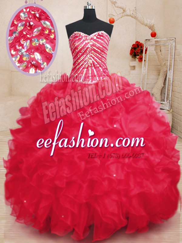 Cute Coral Red Ball Gowns Sweetheart Sleeveless Organza Floor Length Lace Up Beading and Ruffles and Sequins 15th Birthday Dress