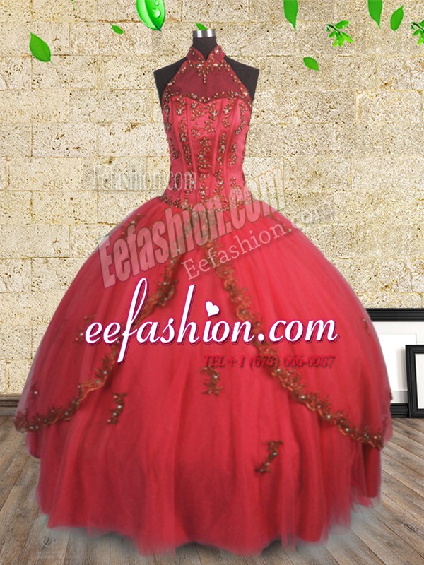  Halter Top Floor Length Red Quinceanera Gown Tulle Sleeveless Beading