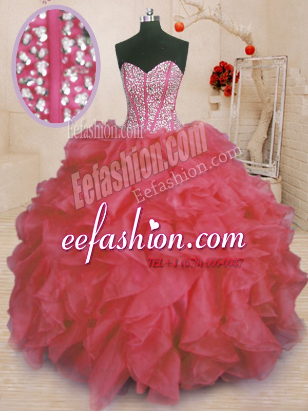 Sweetheart Sleeveless Lace Up Quinceanera Dresses Coral Red Organza