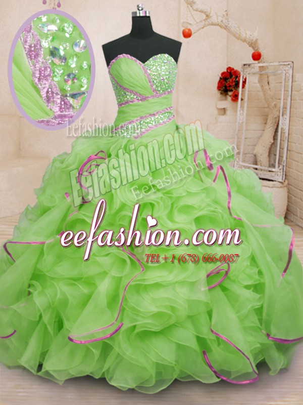 Ball Gowns Beading and Ruffles Quinceanera Gown Lace Up Organza Sleeveless With Train