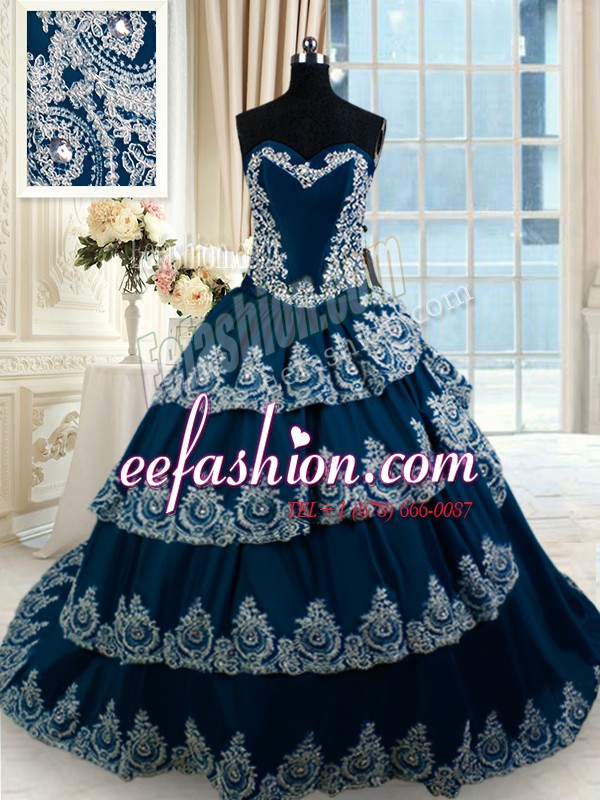 Eye-catching Sleeveless Court Train Lace Up With Train Beading and Appliques and Ruffled Layers Quinceanera Dress