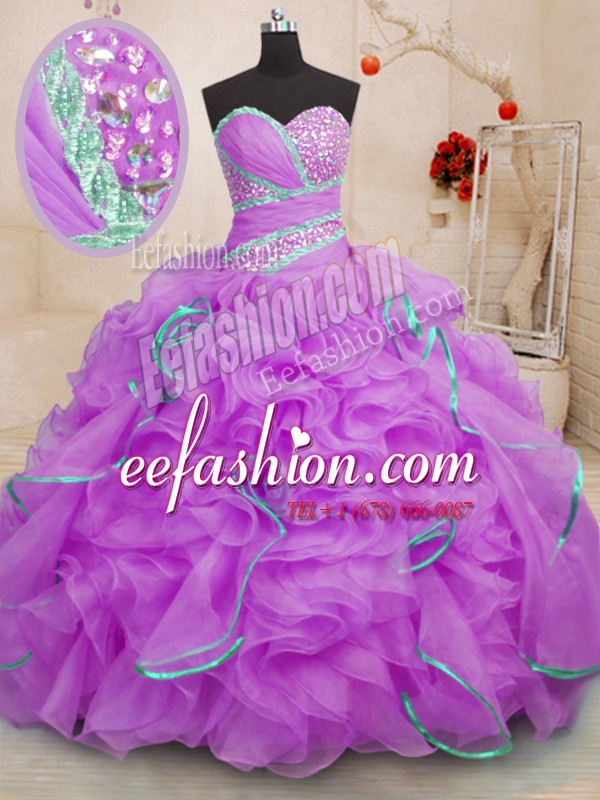 Fabulous Sweetheart Sleeveless Sweet 16 Dresses With Brush Train Beading and Ruffles Lilac Organza