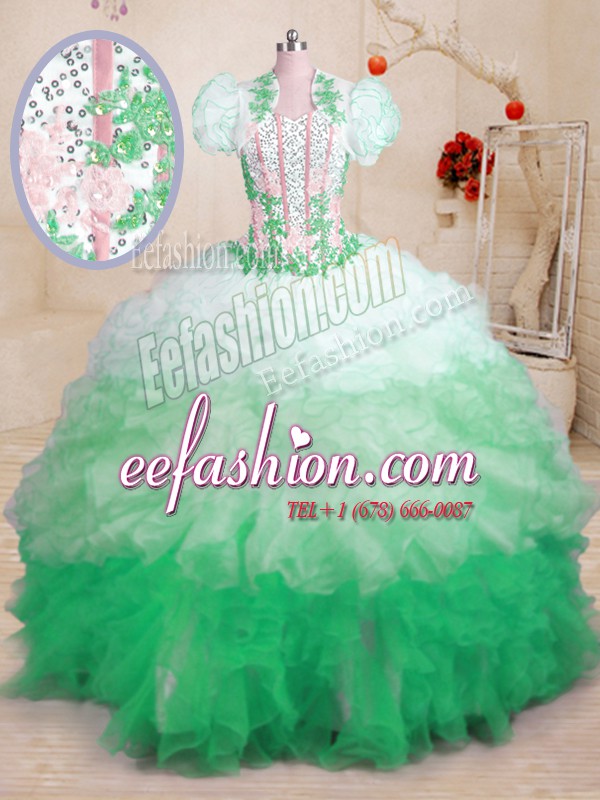 Customized Multi-color Organza Lace Up Sweetheart Sleeveless With Train Vestidos de Quinceanera Brush Train Beading and Appliques and Ruffles