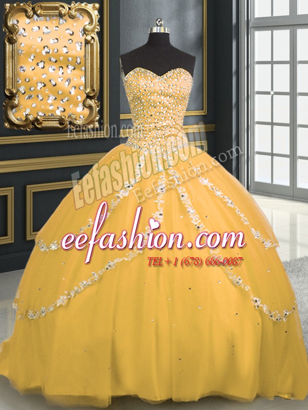 Classical Gold 15th Birthday Dress Military Ball and Sweet 16 and Quinceanera and For with Beading and Appliques Sweetheart Sleeveless Brush Train Lace Up