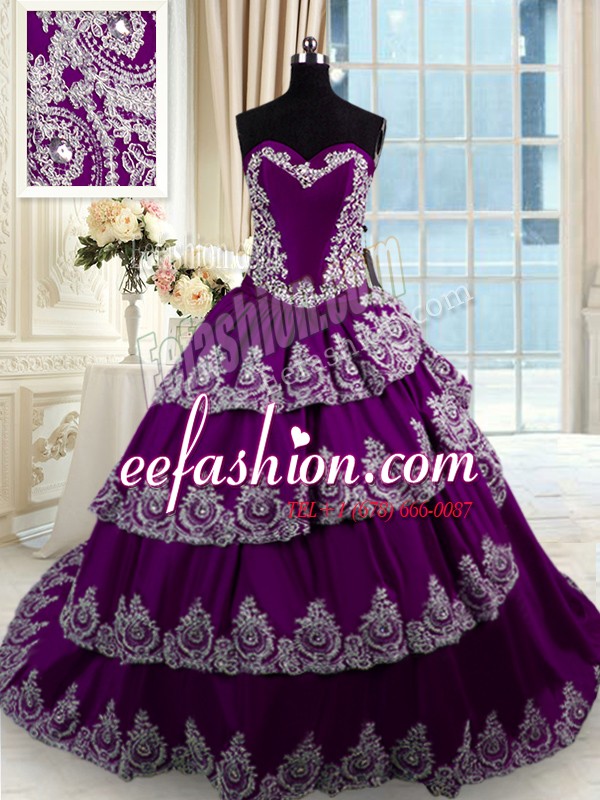 Fancy Sweetheart Sleeveless Taffeta Quince Ball Gowns Beading and Appliques and Ruffled Layers Court Train Lace Up