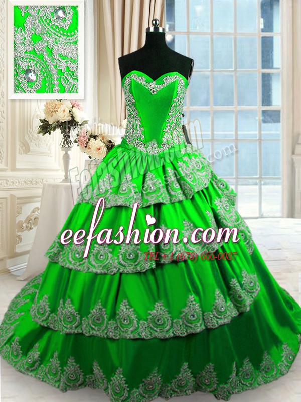 Fine Sleeveless With Train Beading and Appliques and Ruffled Layers Lace Up 15th Birthday Dress with Court Train