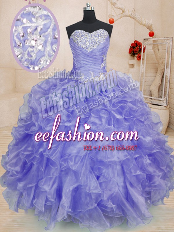 Custom Made Lavender Organza Lace Up Sweetheart Long Sleeves Floor Length Sweet 16 Quinceanera Dress Beading and Ruffles