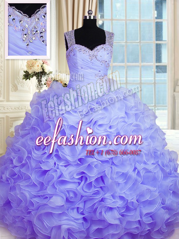  Lavender Sleeveless Organza Zipper Sweet 16 Dresses for Military Ball and Sweet 16 and Quinceanera