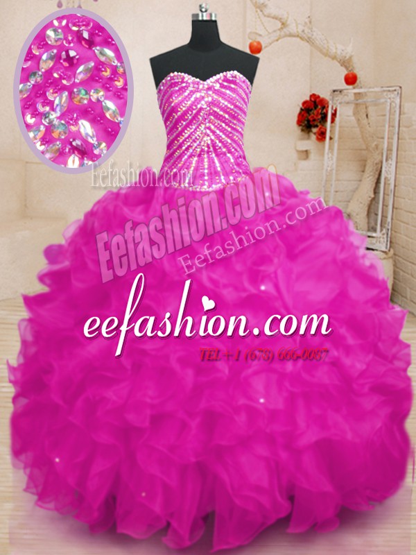  Sequins Floor Length Ball Gowns Sleeveless Fuchsia Sweet 16 Quinceanera Dress Lace Up