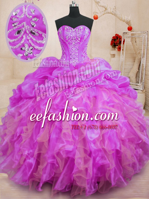  Fuchsia Ball Gowns Organza Sweetheart Sleeveless Beading and Ruffles Floor Length Lace Up Sweet 16 Quinceanera Dress
