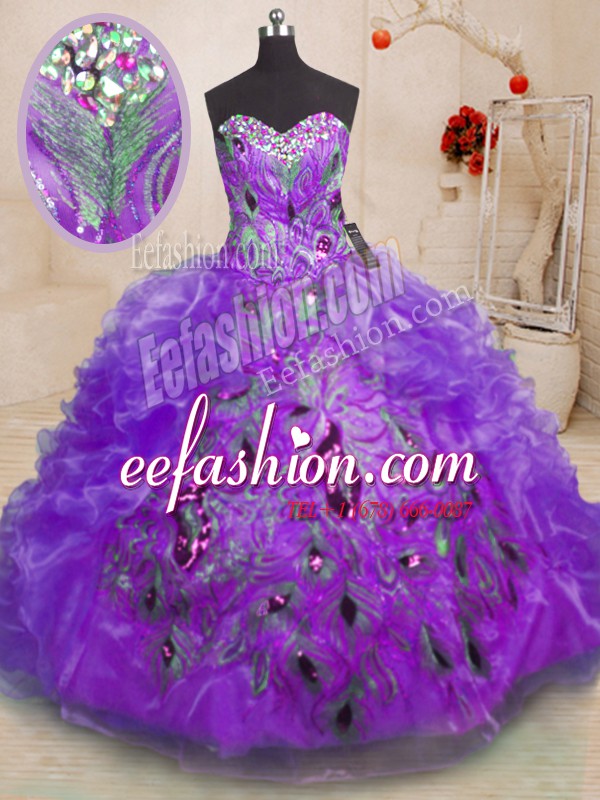  Purple Sleeveless Organza Zipper 15 Quinceanera Dress for Military Ball and Sweet 16 and Quinceanera