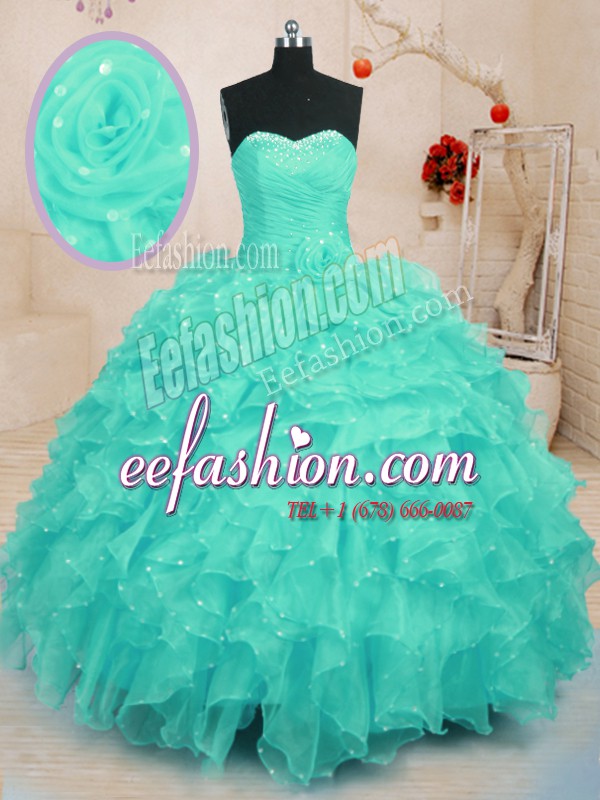 Dazzling Sweetheart Sleeveless Lace Up Sweet 16 Dress Turquoise Organza
