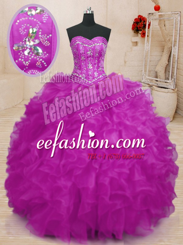 Custom Made Fuchsia Organza Lace Up Ball Gown Prom Dress Sleeveless Floor Length Beading and Ruffles