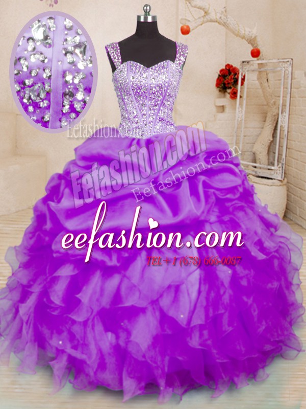  Purple Organza Lace Up Quinceanera Gown Sleeveless Floor Length Beading and Ruffles and Pick Ups