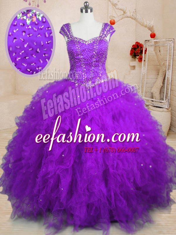  Purple Ball Gowns Beading and Ruffles Quinceanera Gowns Lace Up Tulle Cap Sleeves Floor Length