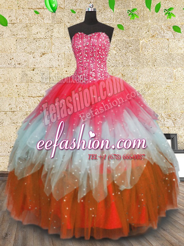  Multi-color Lace Up Quinceanera Dress Beading and Ruffles and Ruffled Layers Sleeveless Floor Length