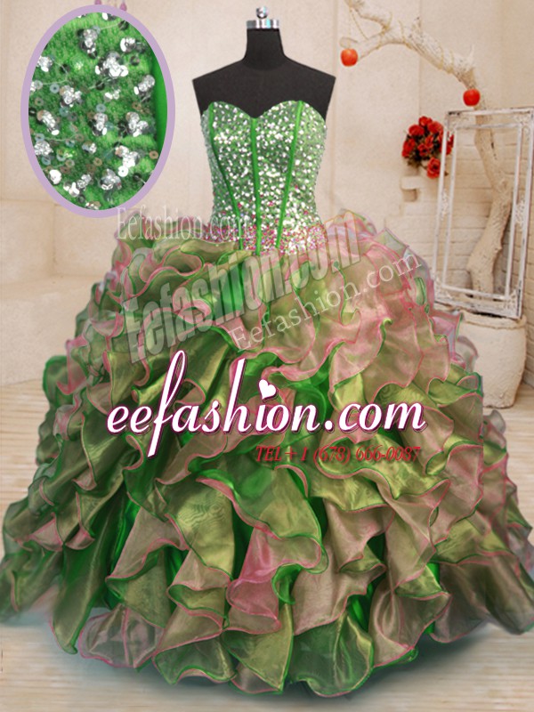 Excellent Multi-color Lace Up Sweetheart Beading and Ruffles Quinceanera Dresses Organza Sleeveless