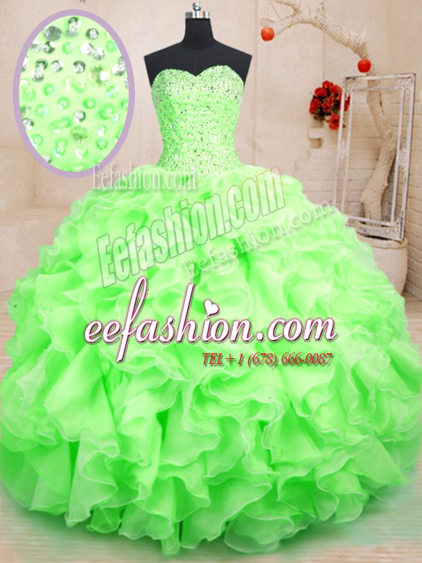 Simple Sleeveless Floor Length Beading and Ruffles Lace Up Ball Gown Prom Dress with 