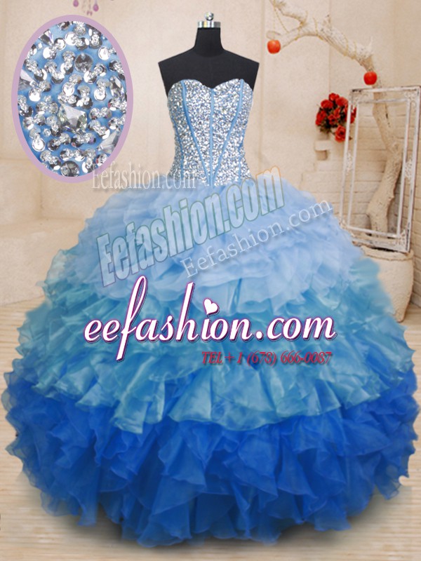 Discount Sleeveless Floor Length Beading and Ruffles Lace Up Sweet 16 Dress with Multi-color