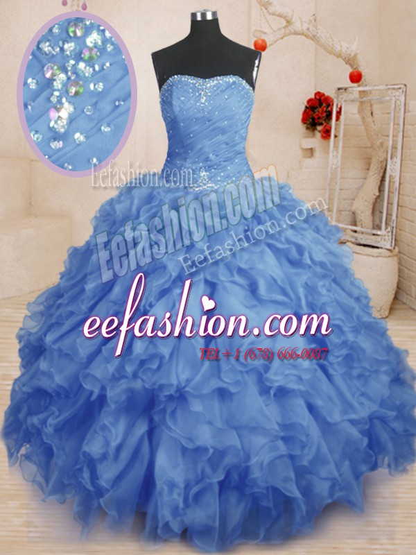  Blue Sleeveless Organza Lace Up Quince Ball Gowns for Military Ball and Sweet 16 and Quinceanera