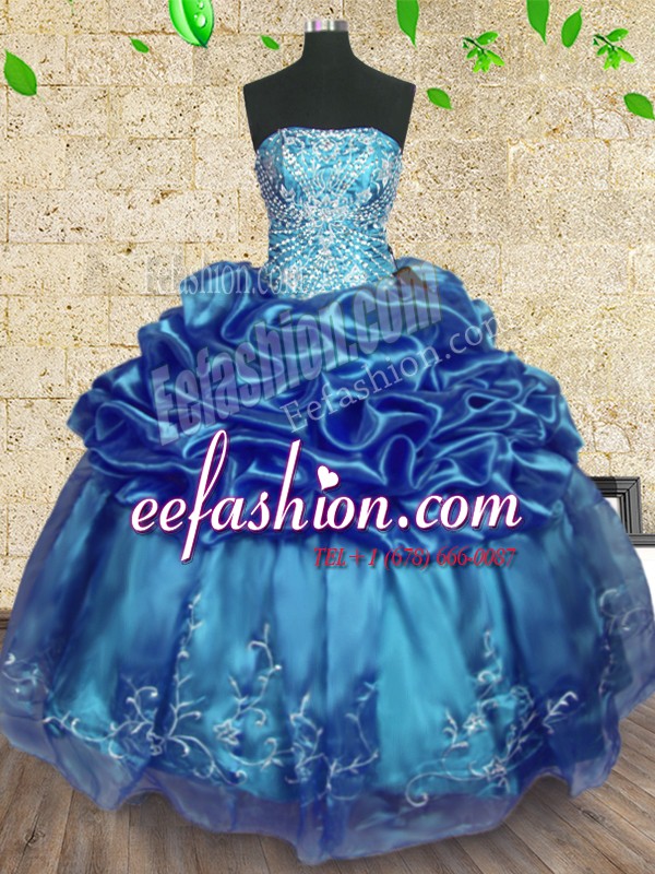 Teal Lace Up Strapless Beading and Embroidery and Ruffles 15 Quinceanera Dress Organza Sleeveless